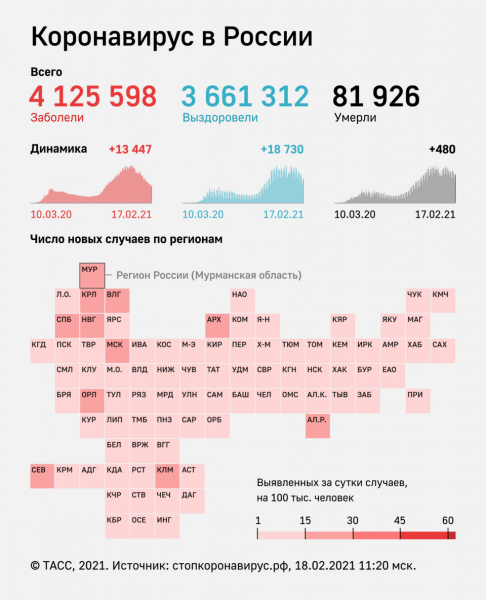 В России за сутки выявили 13 447 заразившихся коронавирусом

