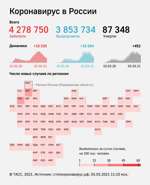 В России за сутки выявили 10 535 заразившихся коронавирусом

