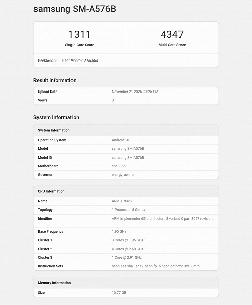 Samsung Galaxy A57 протестировали в Geekbench: новая платформа Exynos 1680 и памяти как и у Galaxy S25