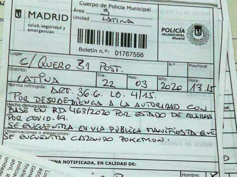 В Мадриде 77-летнего пенсионера, вышедшего на улицу ловить покемонов, оштрафовали за нарушение карантинного режима